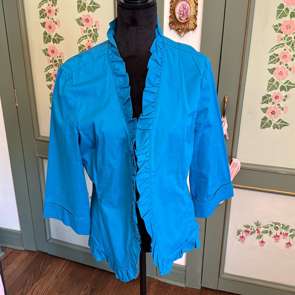 CHICO'S LIGHTWEIGHT TURQUOISE JACKET WITH RUFFLE DETAIL Size 2